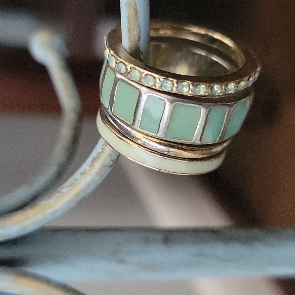 Set of green and gold stacking rings, size 7